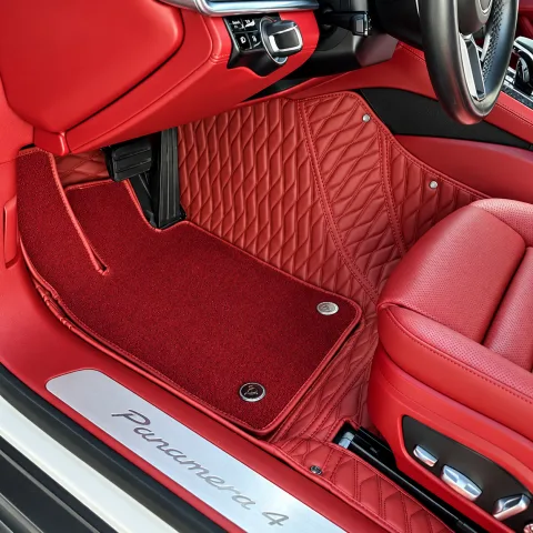 full custom red diamond quilted car floor mats with red carpet upper layer in Porsche Panamera interior