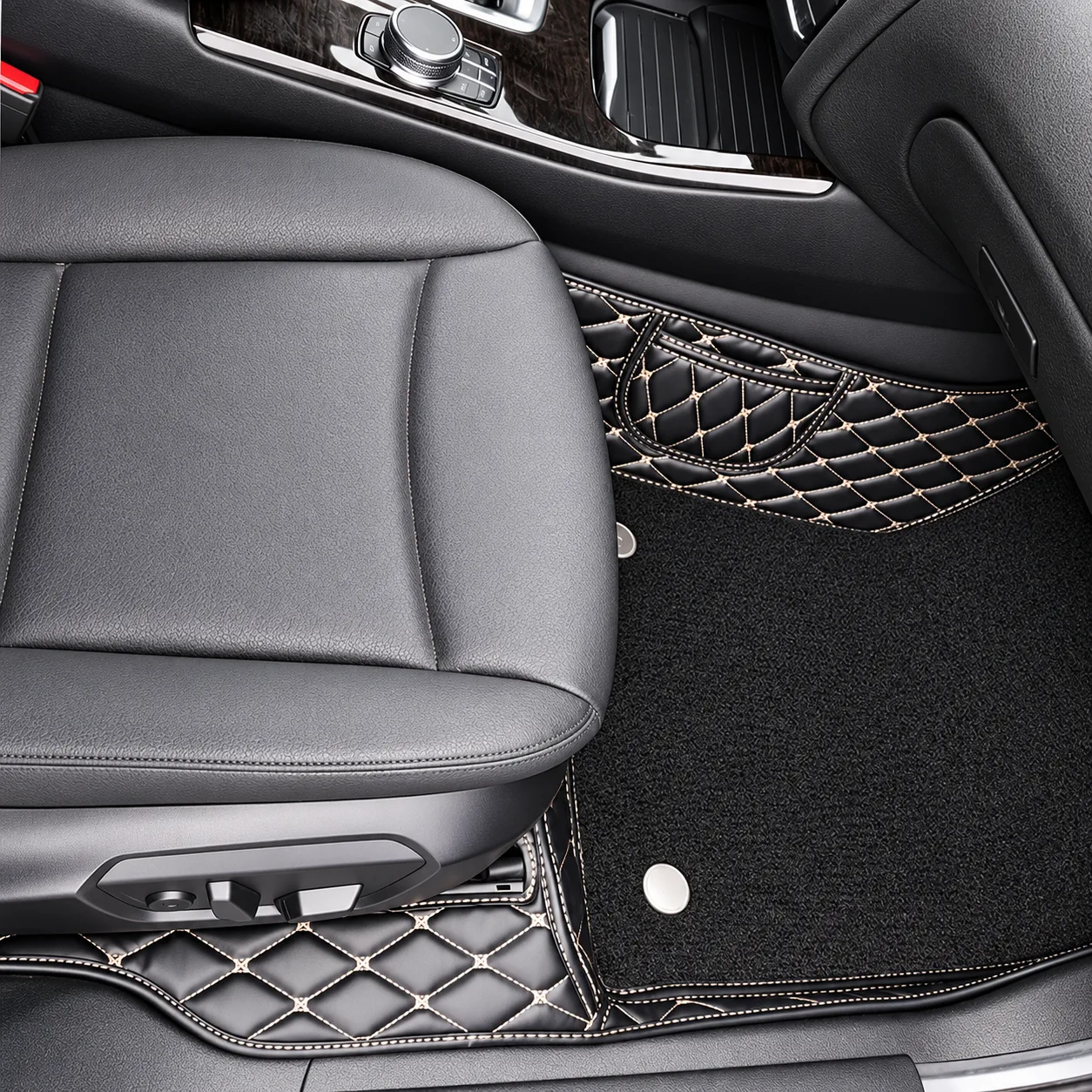 full custom black diamond quilted car floor mats with grey carpet upper layer, installed in car interior