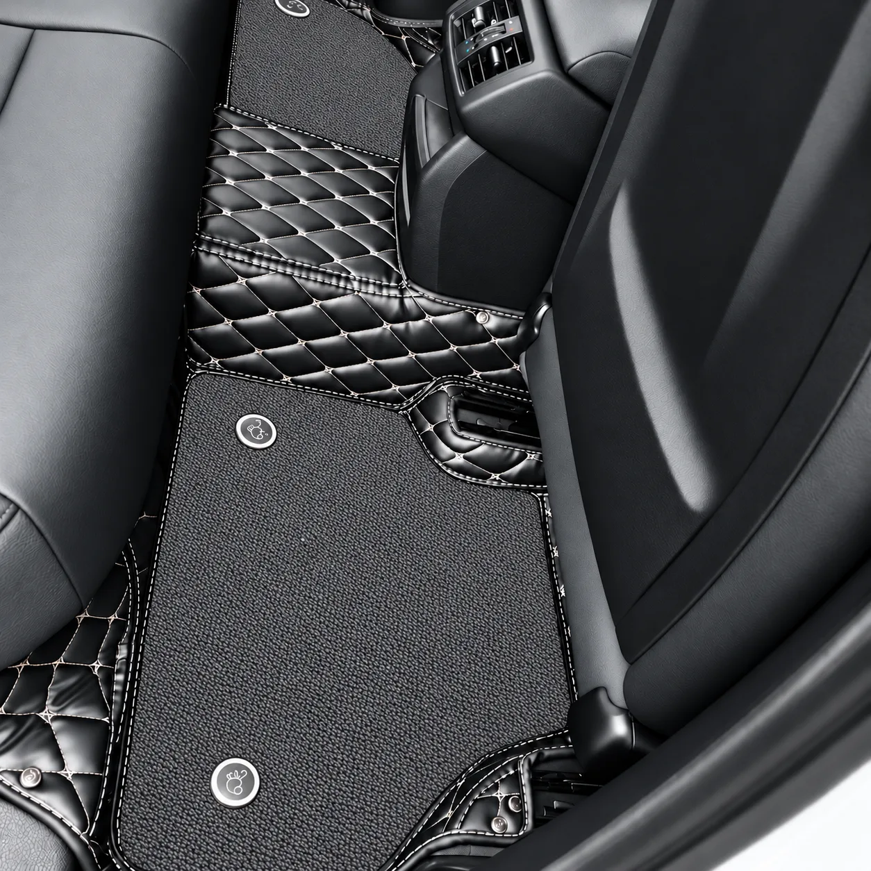 black diamond quilted car floor mats installed in rear seat area