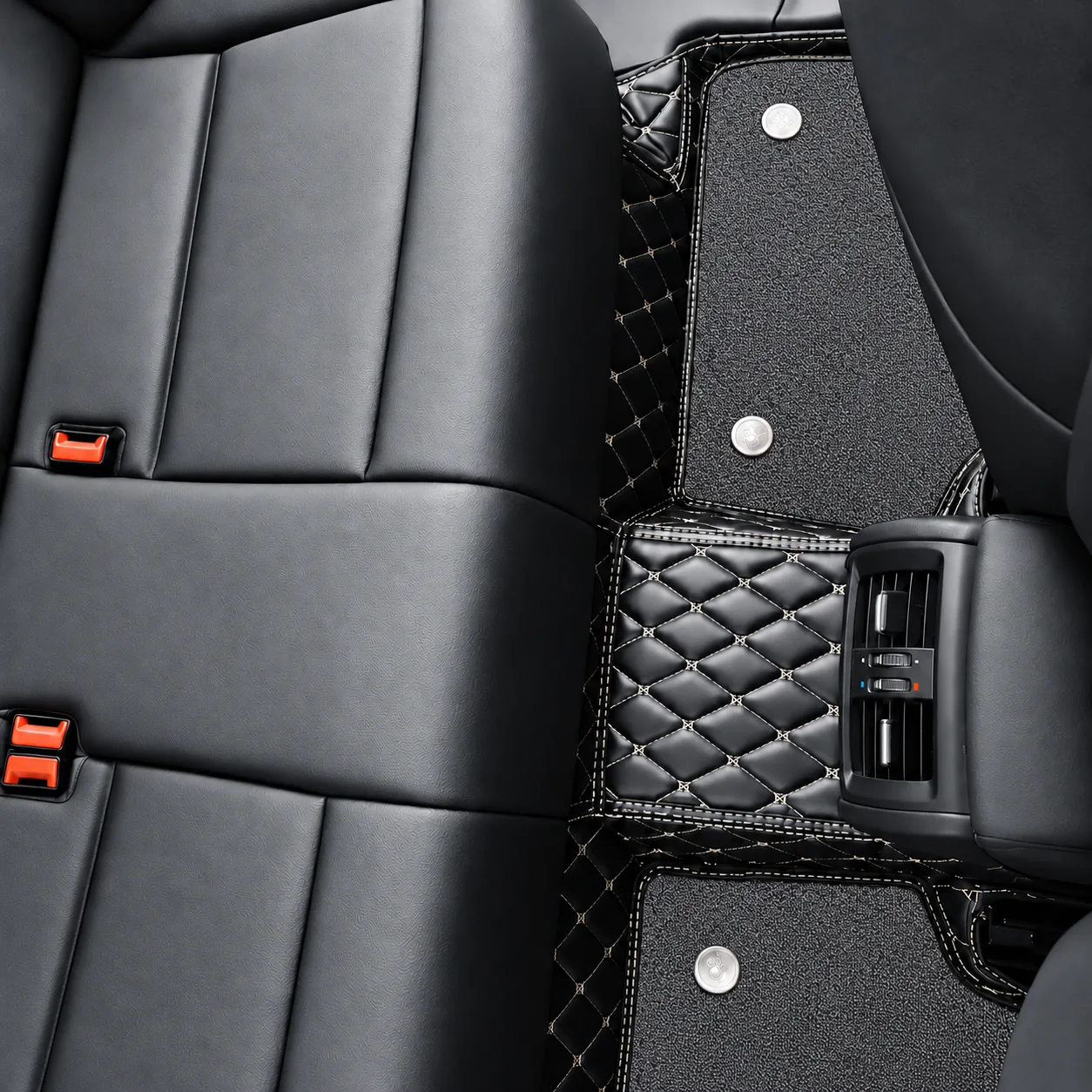 double layer car floor mats installed in rear seat area, black quilted base with grey carpet layer