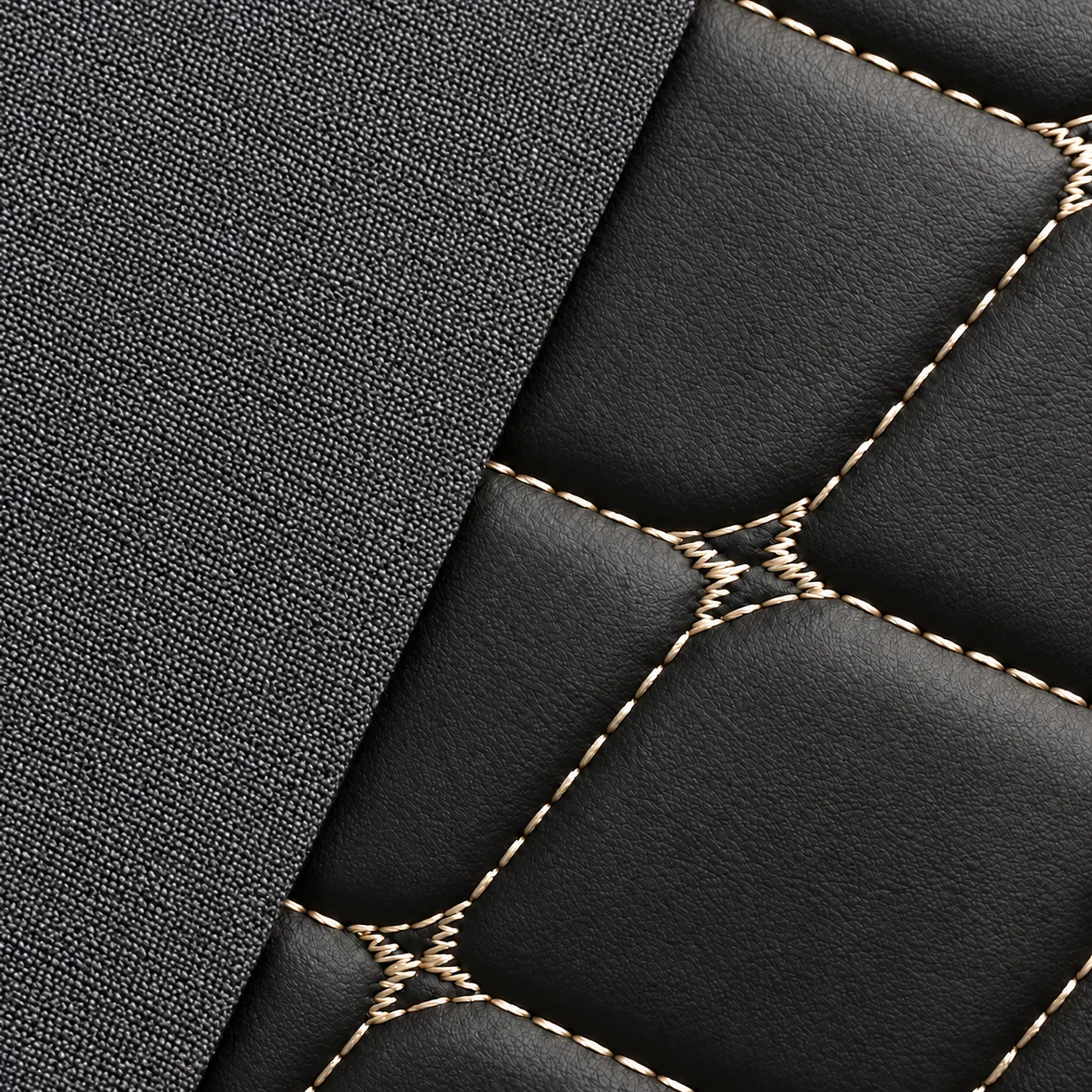 double layer floor mat material close-up, dark grey carpet on black diamond quilted leather with beige stitching