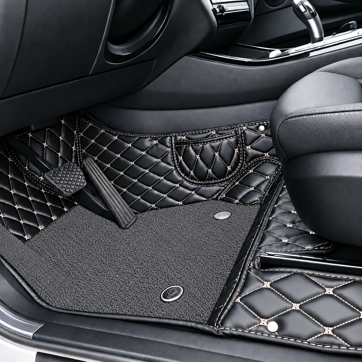 double layer car floor mats, black diamond quilted base with dark grey carpet upper layer, installed in car