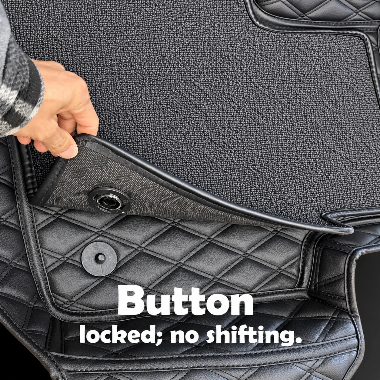 anti-slip button lock system securing car floor mat, close-up