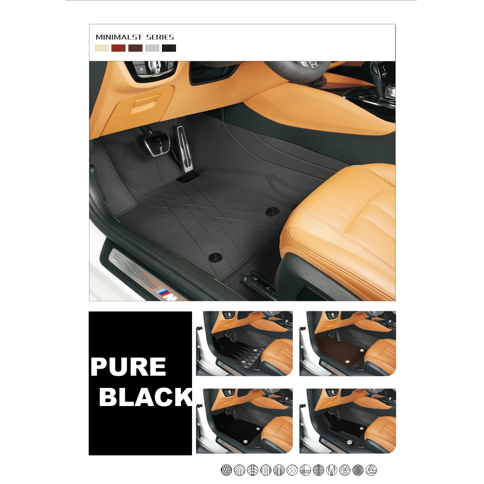 minimalist series pure black custom car floor mats in orange leather interior, color options display