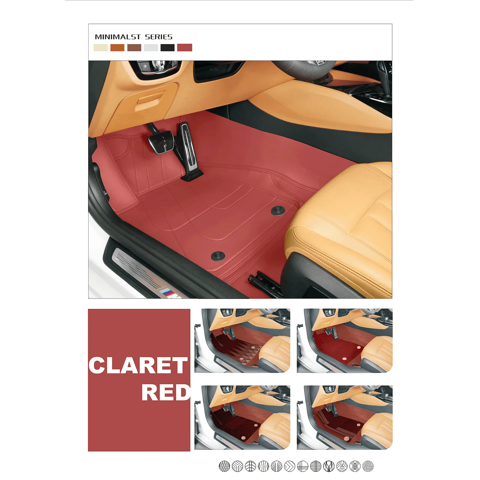 minimalist series claret red custom car floor mats in orange leather interior, color options display