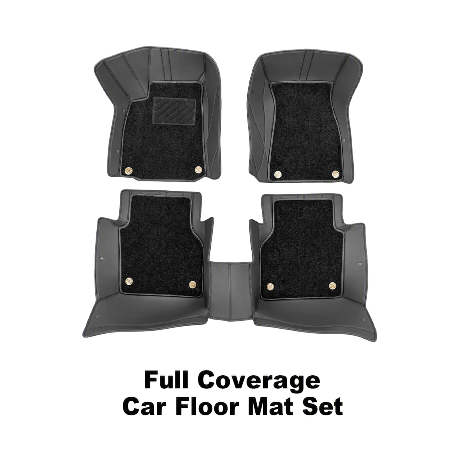 full coverage black car floor mat set, four pieces with carpet inserts, product display on white background