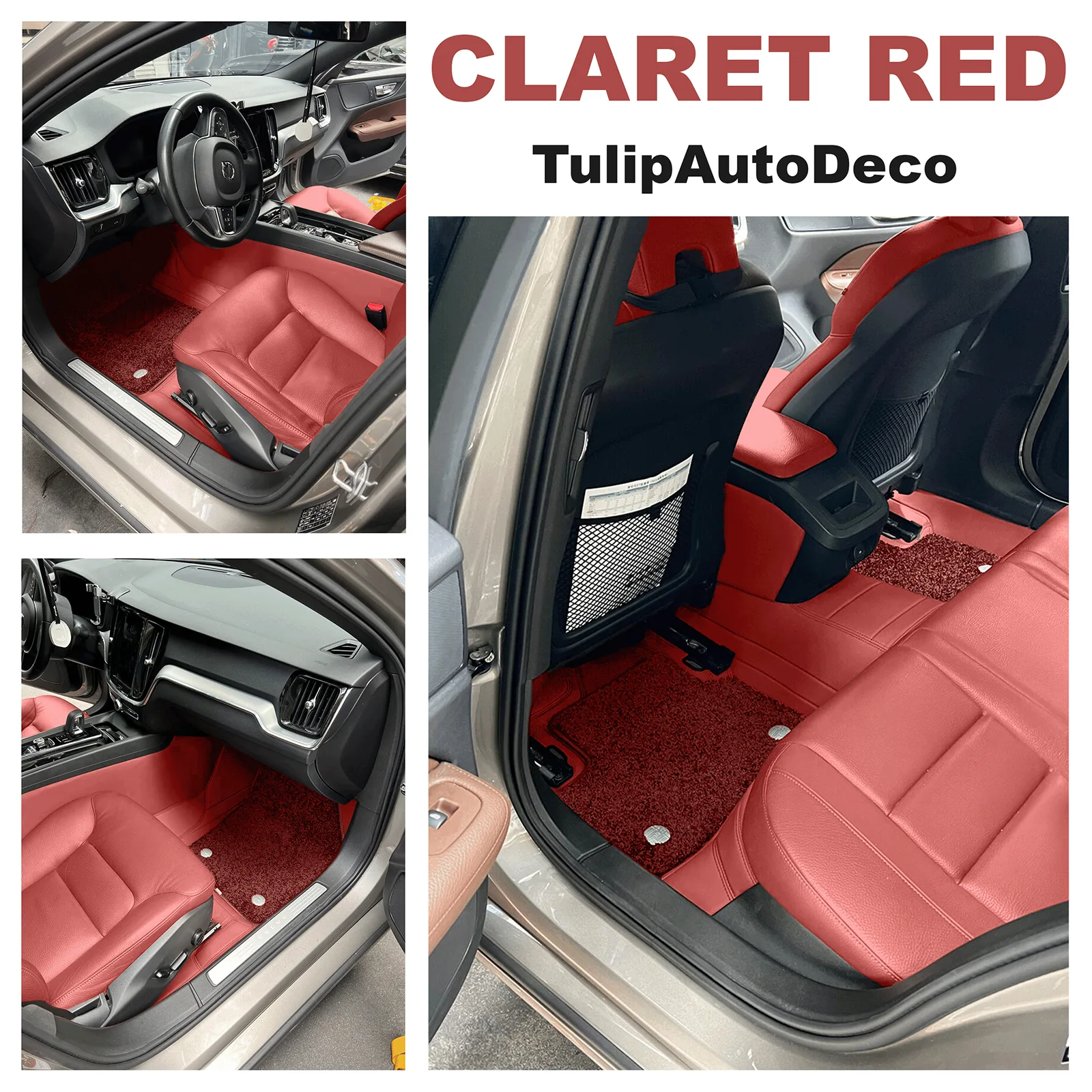 full coverage claret red car floor mat set, four pieces with carpet inserts, product display