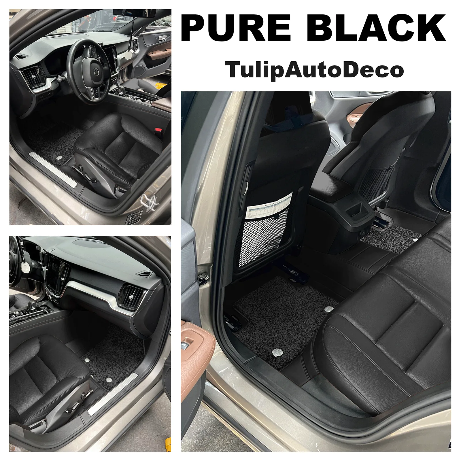 pure black custom car floor mats photo collage, installed in car front and rear seats