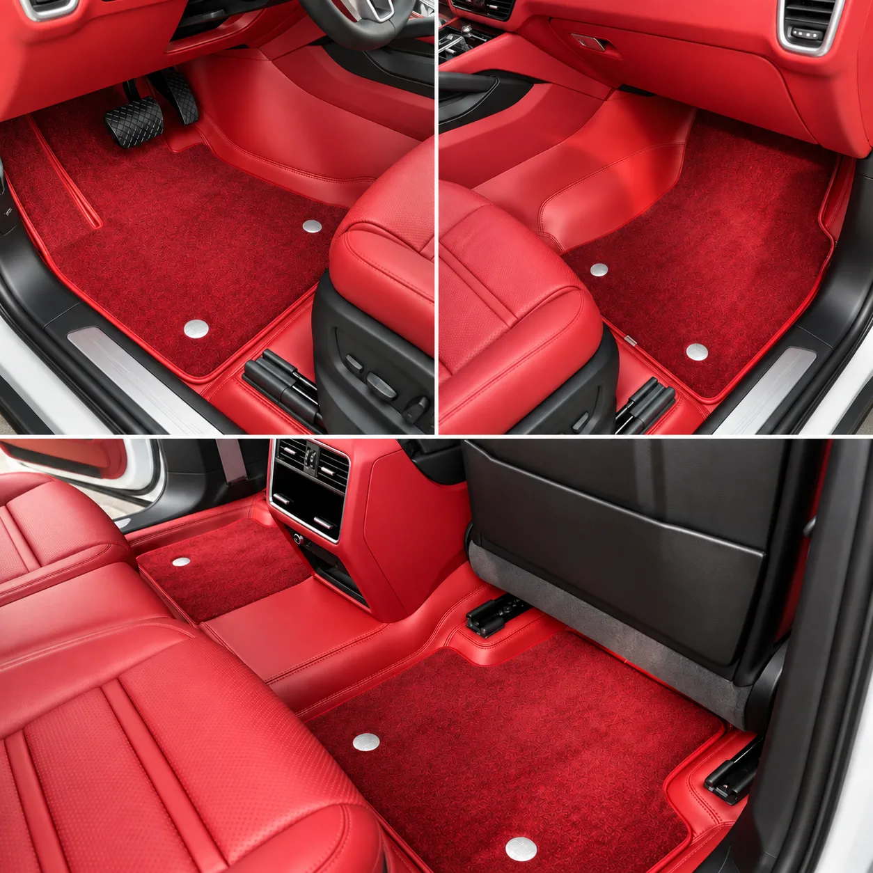 claret red custom car floor mats with red carpet upper layer, collage of front and rear seats in Porsche interior