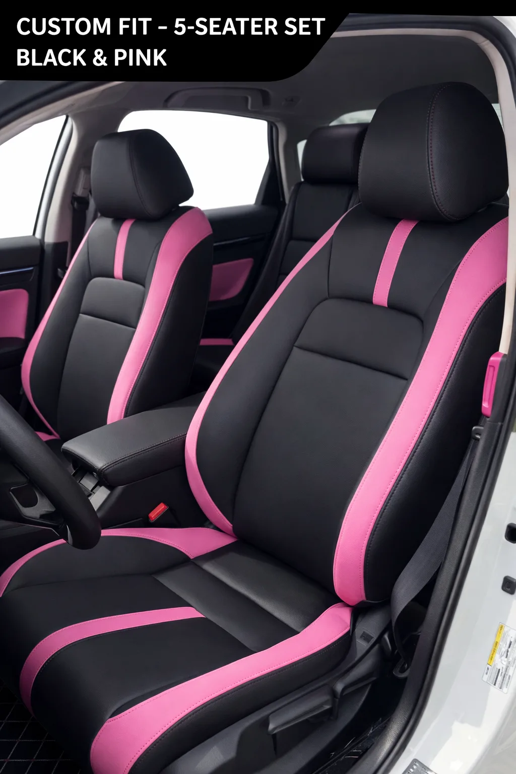 Black & Pink Leather Car Seat Covers, 5-Seater, Waterproof