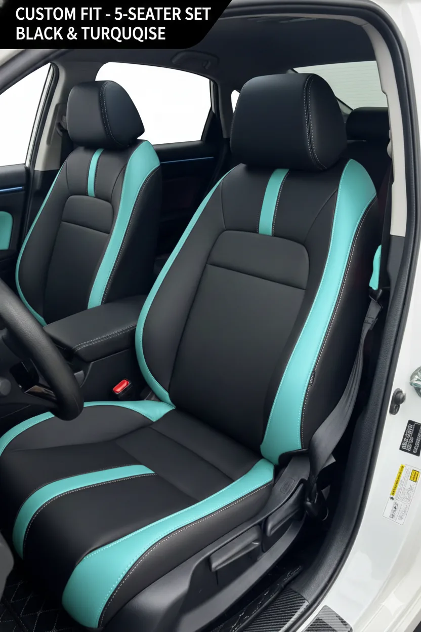 Black & Turquoise Leather Car Seat Covers, 5-Seater, Waterproof