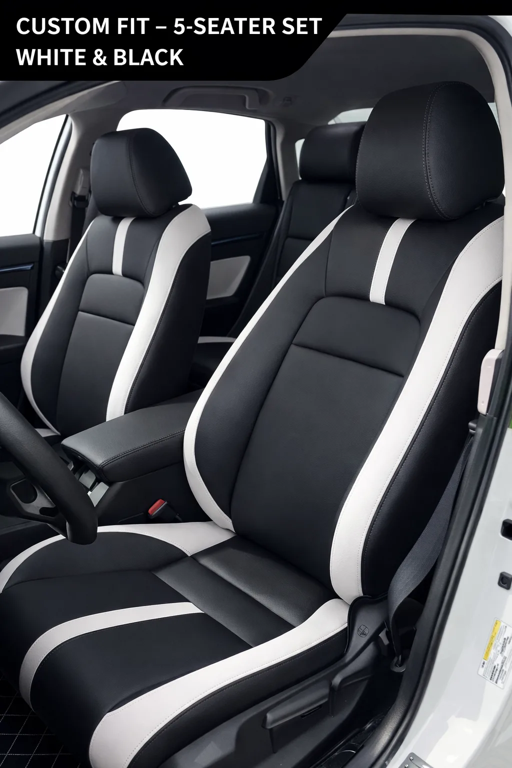 Black & White Leather Car Seat Covers, 5-Seater, Waterproof