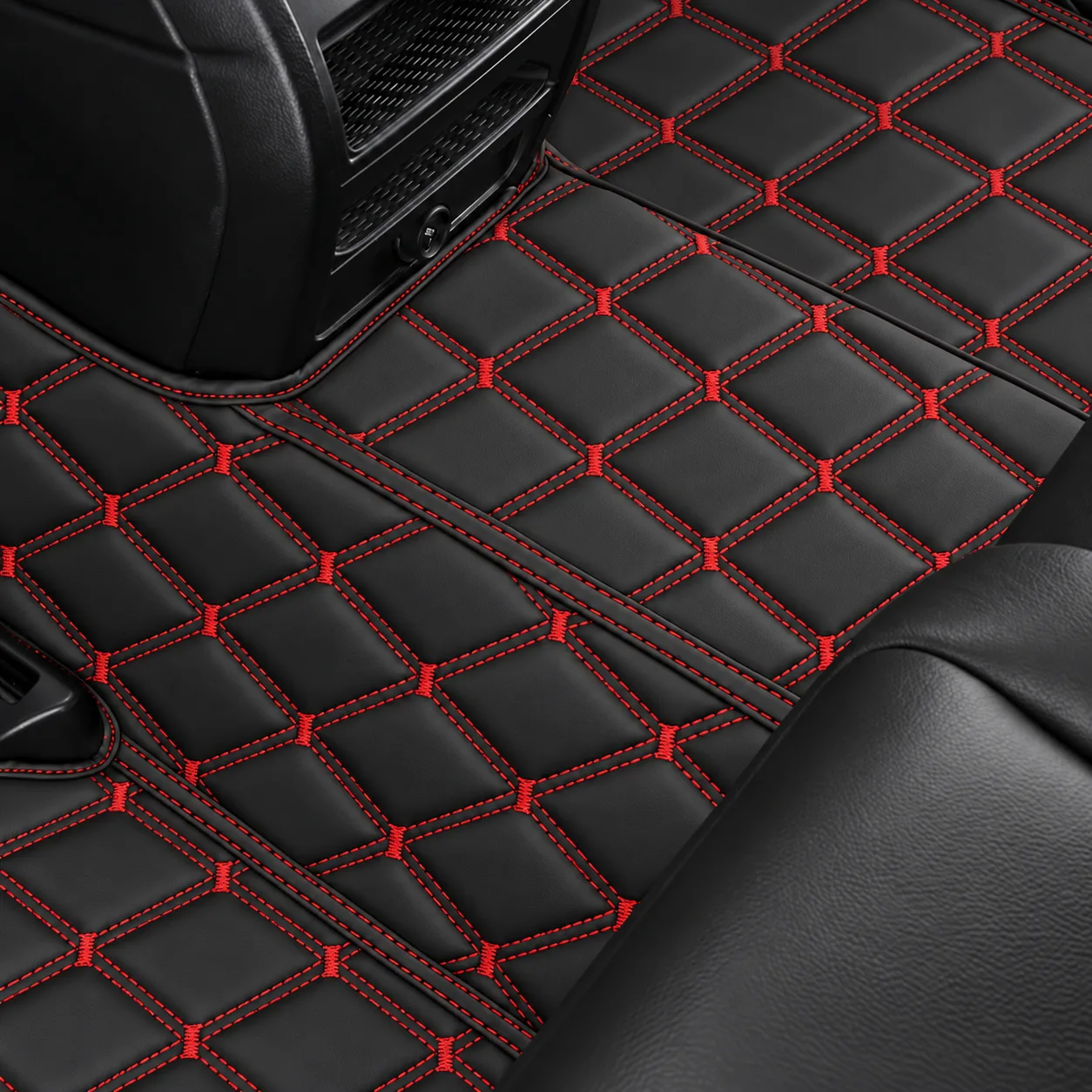 custom personalized black and red car floor mats, red cross stitch pattern close-up