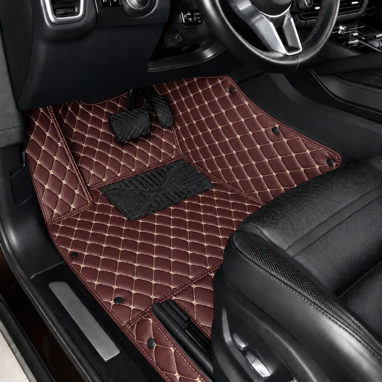 custom personalized dark brown car floor mats, driver side close-up