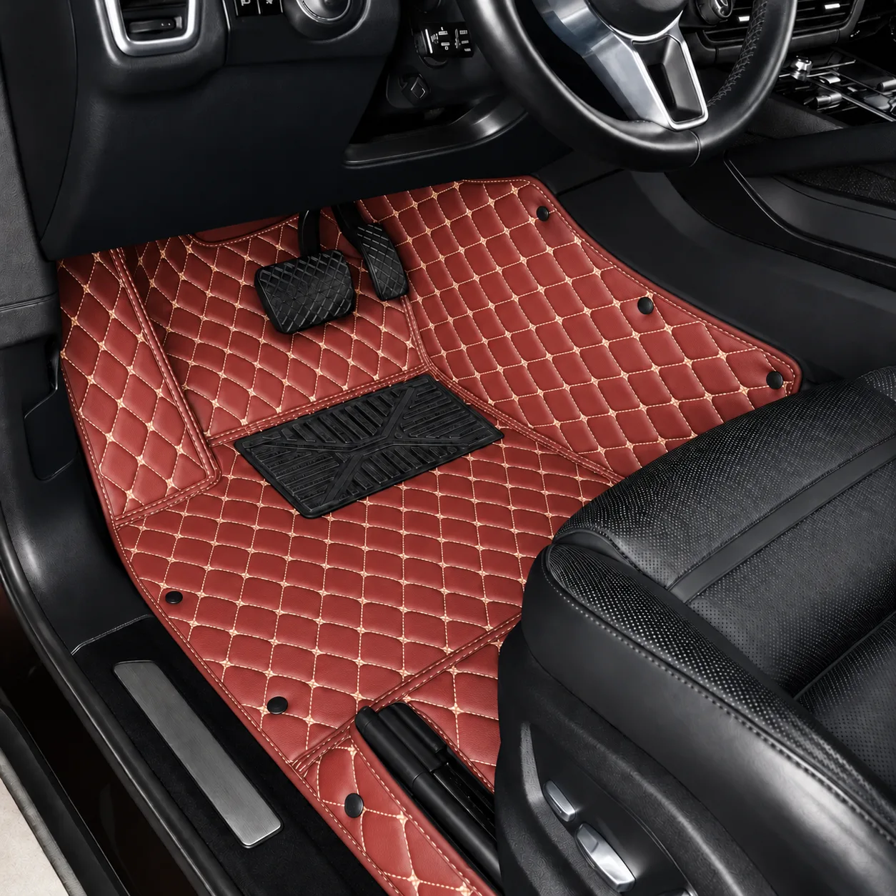 custom personalized brick red car floor mats, driver side close-up