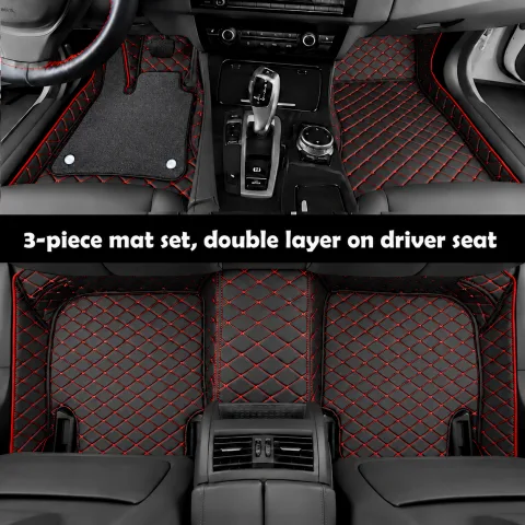 custom personalized black and red car floor mats, 3-piece set with double layer on driver seat