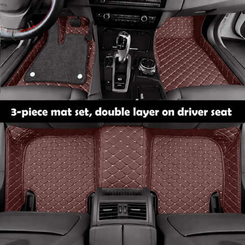 custom personalized dark brown car floor mats, 3-piece set with double layer on driver seat, comparison view