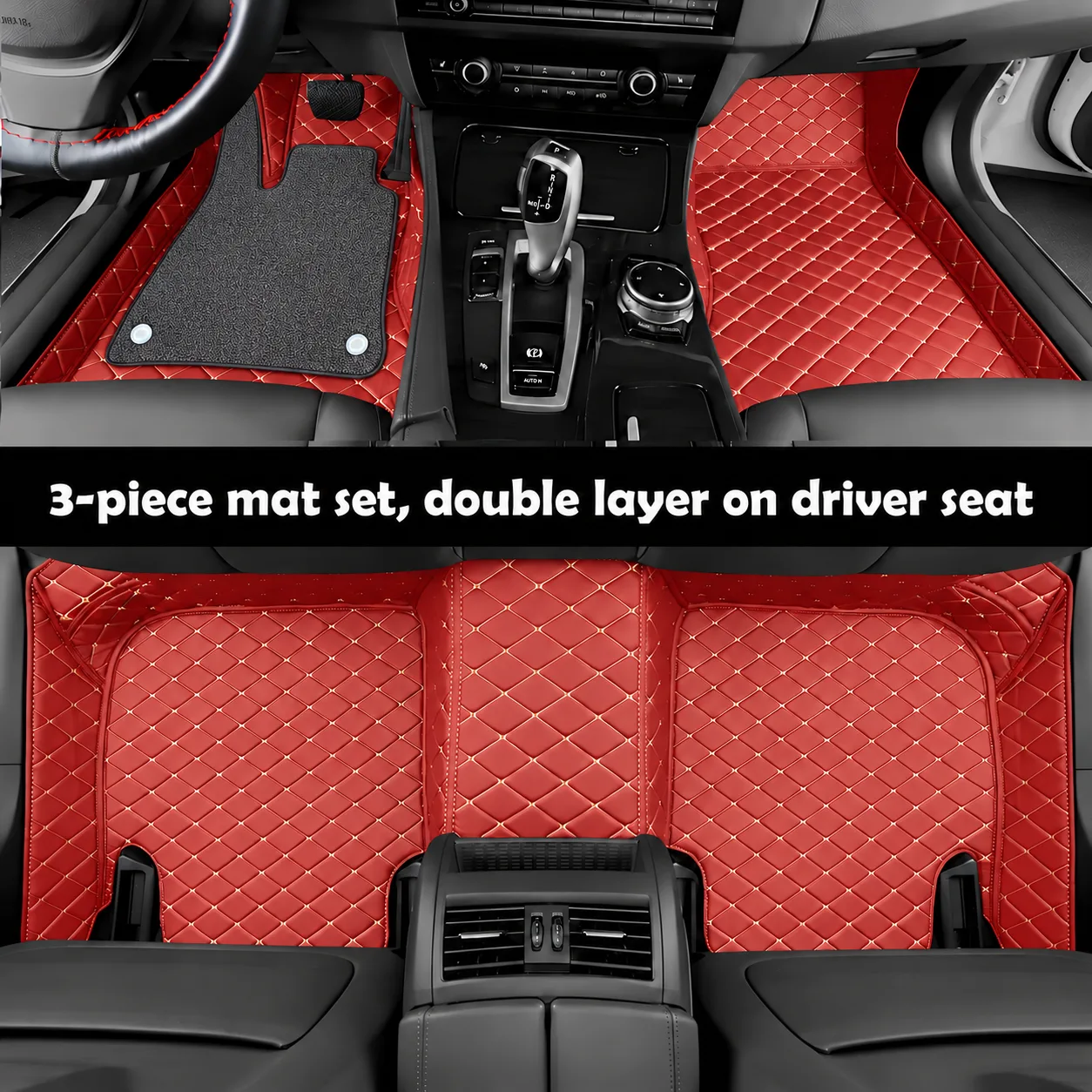 custom personalized brick red car floor mats, 3-piece set with double layer on driver seat, comparison view