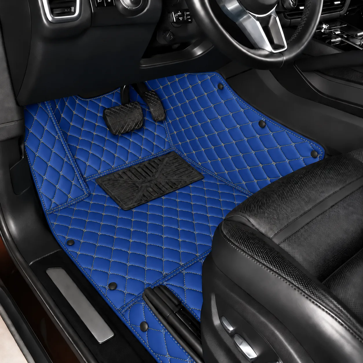 custom personalized blue car floor mats, driver side close-up in black interior