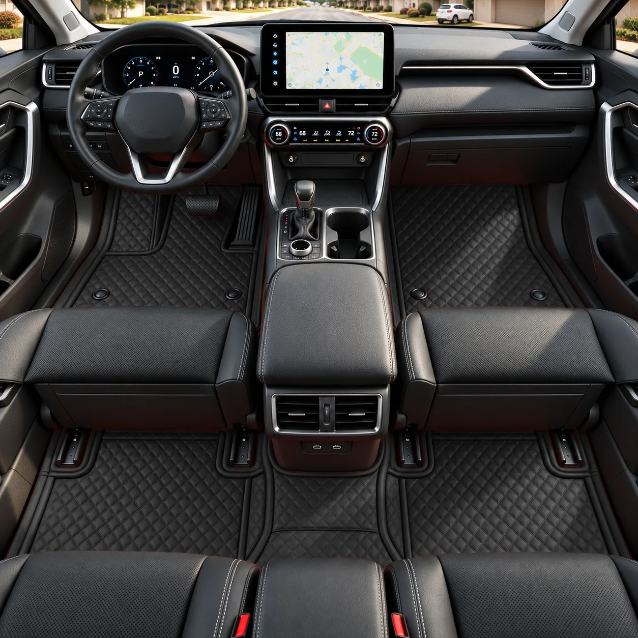 Custom Fit Diamond Quilted Black Car Floor Mats, Leather Liners - Image 2