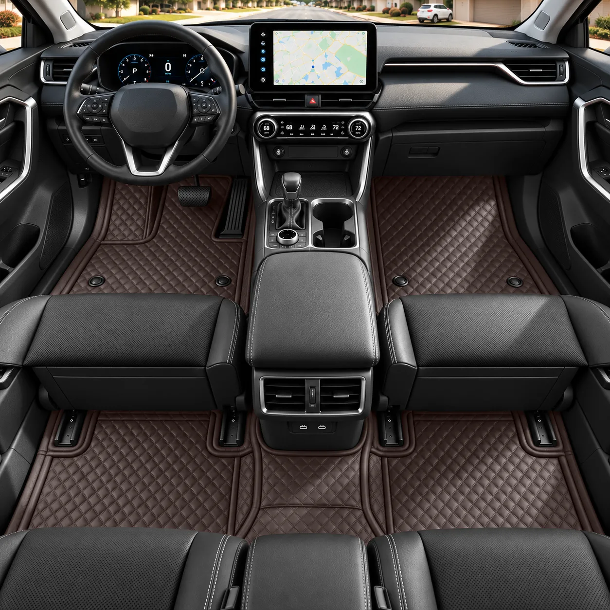 Custom Fit Diamond Quilted Brown Car Floor Mats, Leather Liners - Image 2