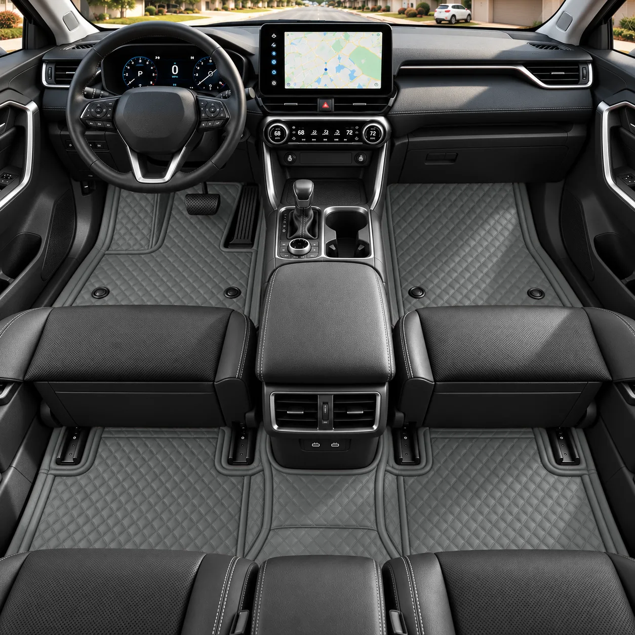 Custom Fit Diamond Quilted Grey Car Floor Mats, Leather Liners - Image 2