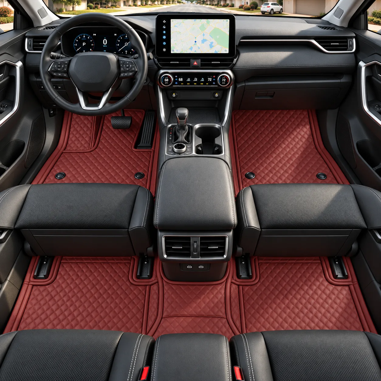 Custom Fit Diamond Quilted Red Car Floor Mats, Leather Liners - Image 2