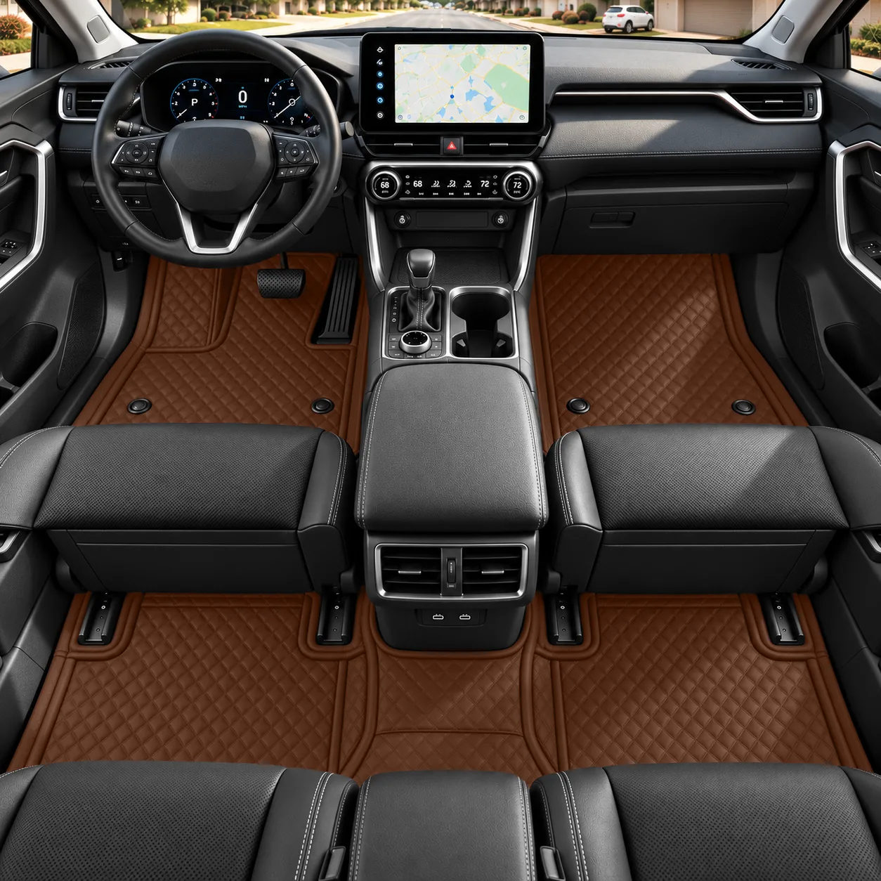 Custom Fit Diamond Quilted Orange Car Floor Mats, Leather Liners - Image 2
