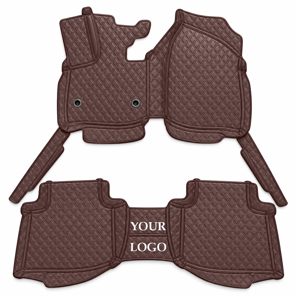 custom fit diamond quilted brown car floor mat set with your logo option, flat lay display