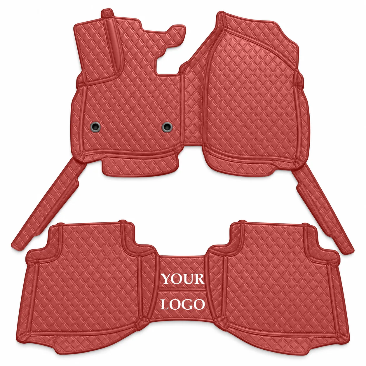 custom fit diamond quilted red car floor mat set with your logo option, flat lay display