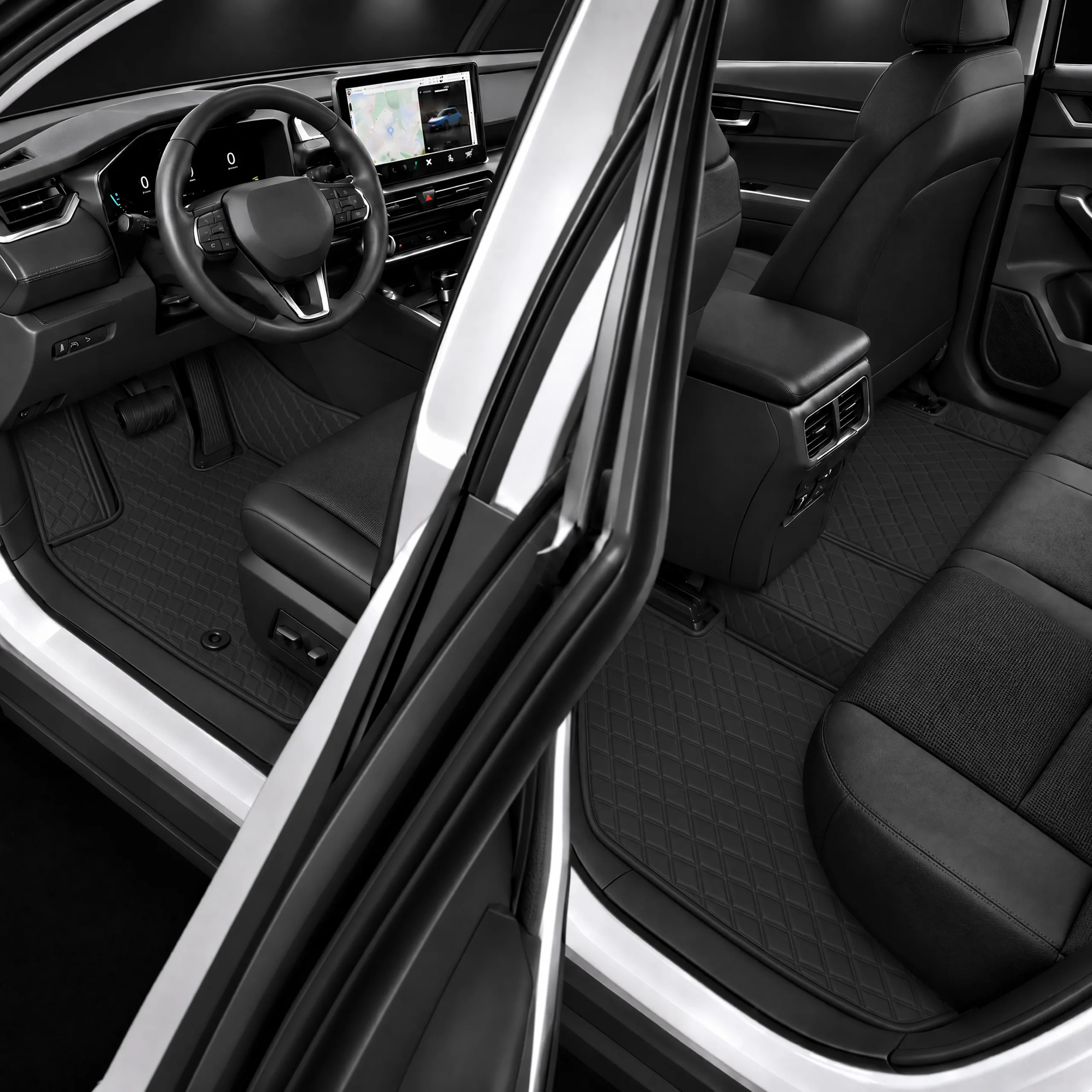 Custom Fit Diamond Quilted Black Car Floor Mats, Leather Liners