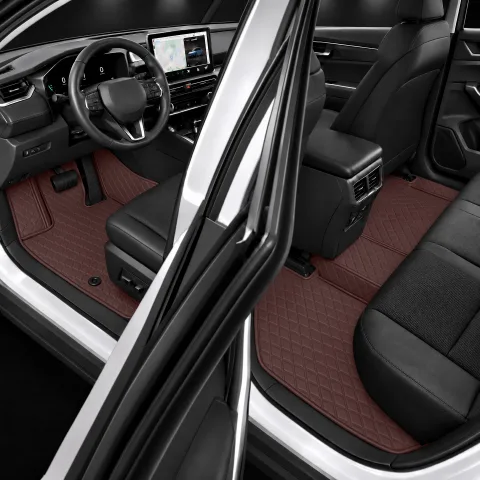custom fit diamond quilted brown car floor mats, full interior side view