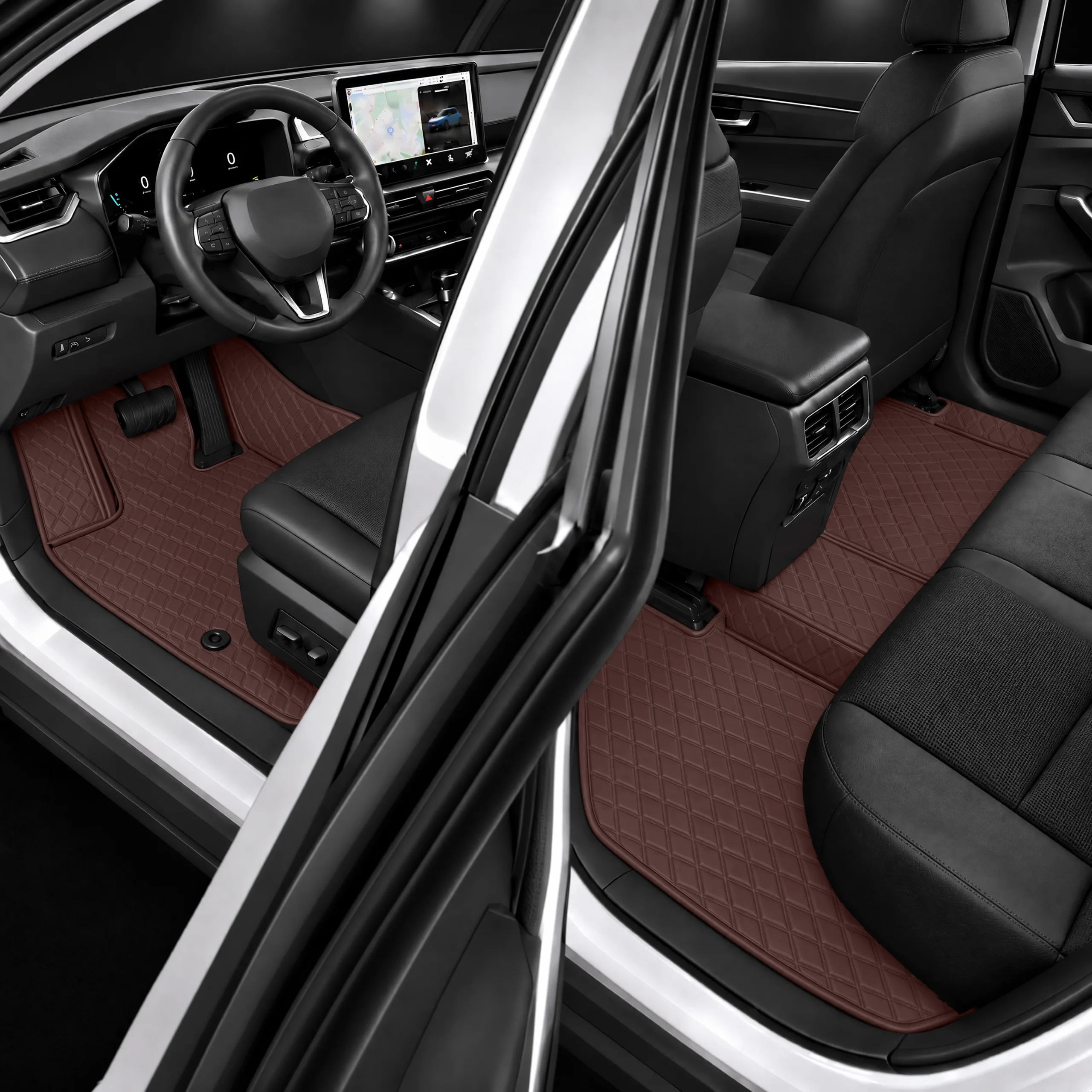 custom fit diamond quilted brown car floor mats, full interior side view