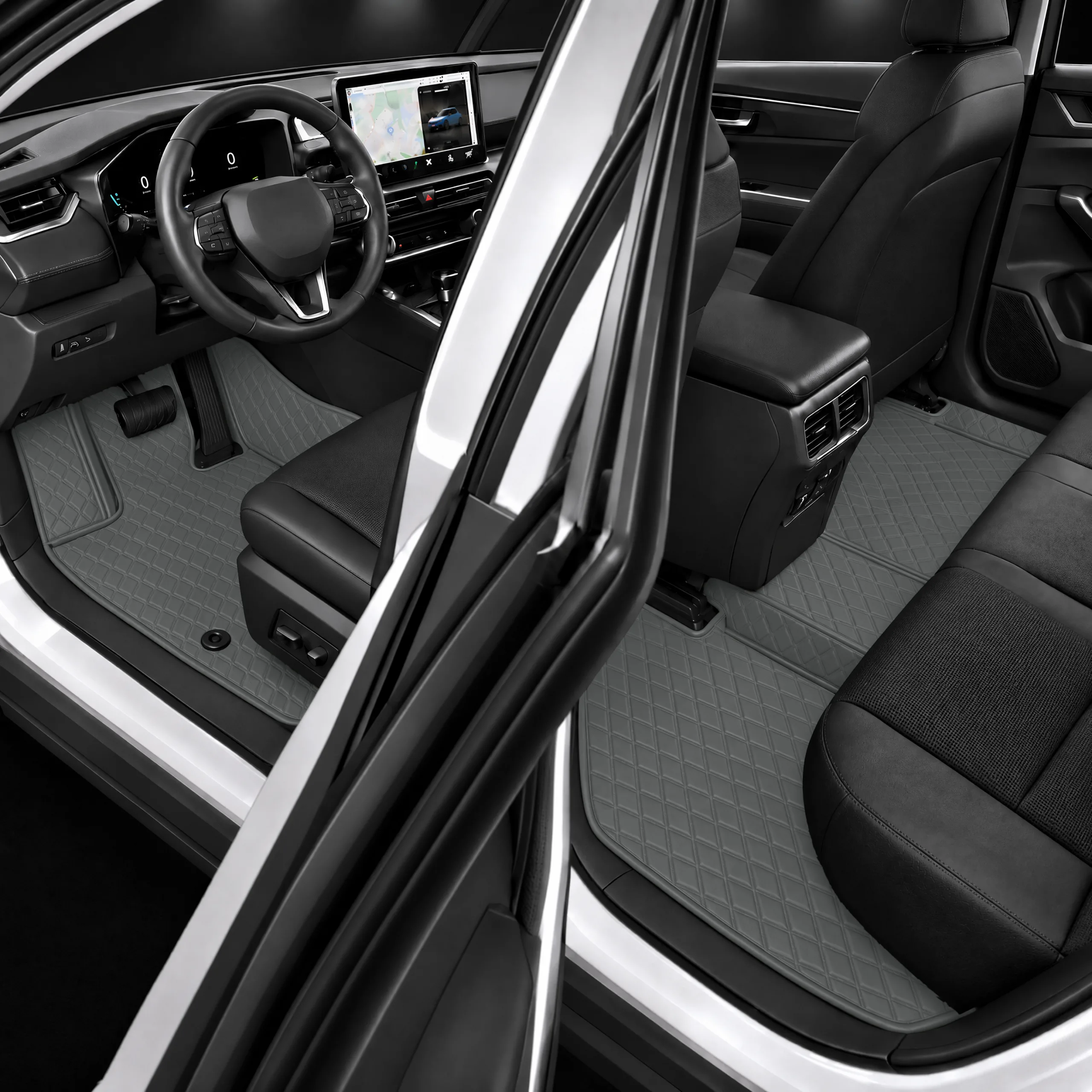 Custom Fit Diamond Quilted Grey Car Floor Mats, Leather Liners