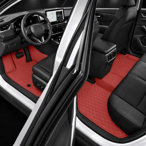 custom fit diamond quilted red car floor mats, full interior side view