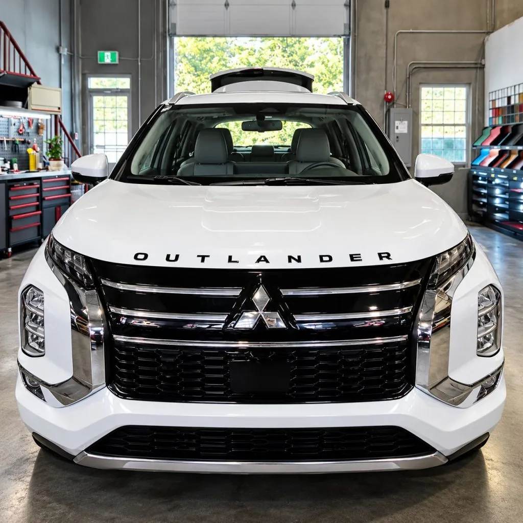 custom car floor mats installed in Mitsubishi Outlander, white SUV front view in shop
