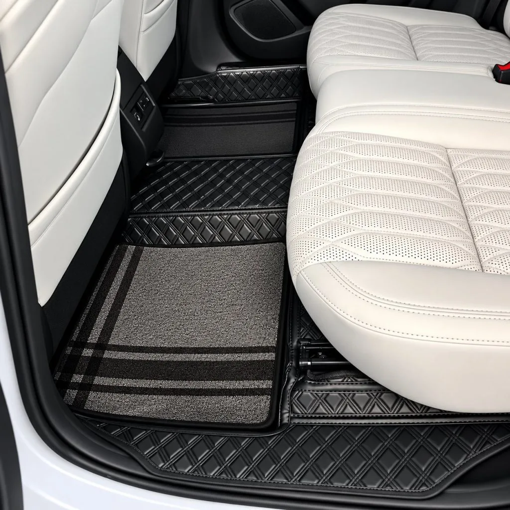 custom double layer black car floor mats with grey carpet upper layer, rear seats in luxury white interior